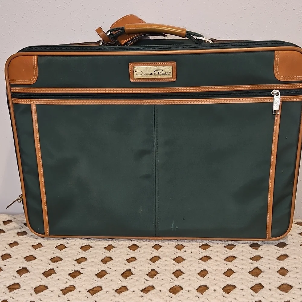 Oscar De La Renta Vintage Canvas Green & Tan Luggage Suit Case